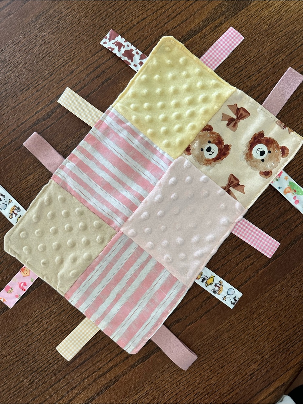 Pink & Cream Baby Tag Blanket with Bear Print - handmade